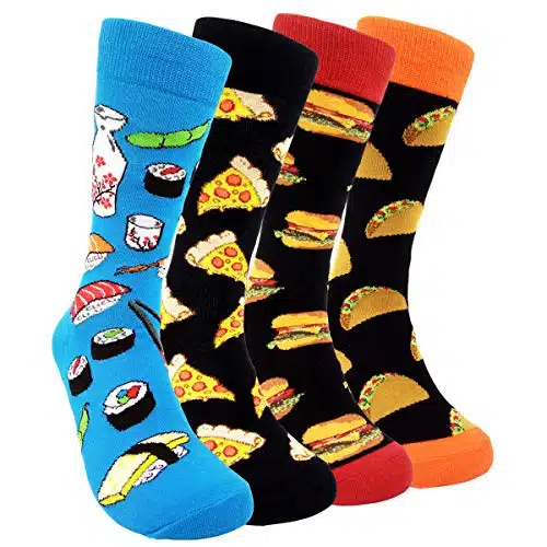 HSELL Mens Fun Patterned Dress Socks Funny Novelty Crazy Design Cotton Socks Gift for Men (Pairs   BurgerSushiCheeseTaco)