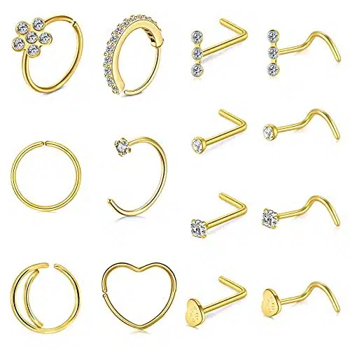 MODRSA Gold Nose Rings for Women Nose Piercings g Nose Rings Hoops Gold Nose Hoop Surgical Steel Nose Rings Studs Nose Rings Hoops Heart Nose Ring