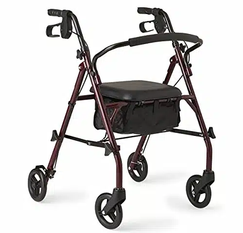 Medline MDSESKD Rollator Walker with Seat, Steel Rolling Walker with heels Supports up to lbs, Medical Walker, Burgundy