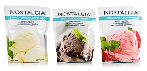 Nostalgia Ice Cream Mix. Vanilla, Chocolate and Strawberry. Each Pocket of Oz Makes Quarts of Delicious Premium Old Fashioned Ice Cream!