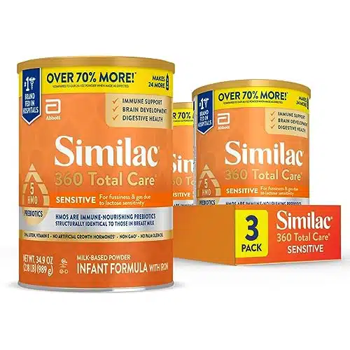 Similac Total Care Sensitive Infant Formula With HMO Prebiotics, for Fussiness & Gas Due to Lactose Sensitivity, Non GMO,â¡ Baby Formula Powder, oz Value Can, Pack of