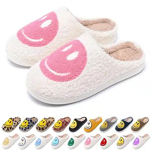 AIMINUO Women's Men's Retro Preppy Happy Face Slippers Comfy Warm Plush Slip On House Slipper for Winter Indoor Soft Cushion Non slip Fluffy Slides Slippers White Pink omenen