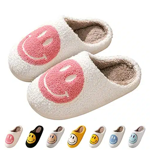 Bevaney Smile Face Slippers for Women, Soft Plush Smile Slippers Retro Preppy Slippers with Smile Face Happy Face Slippers Slip on Cozy Indoor Outdoor Slippers