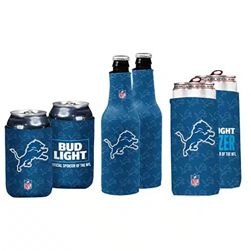 Bud Light & NFL Licensed Detroit Lions Premium Insulated Neoprene Koozy Cover Set, CanSeltzerBottle   Easy On & Foldable for Ounce Drinks   Sided Design   Great Holiday Gift