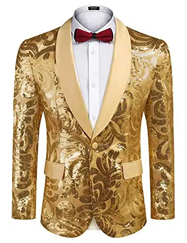 COOFANDY Gold Blazer for Men Sequins Blazer Dinner Shiny Jacket Prom Tuxedo Suit Jacket Sparkle Dress Blazers Gold, XXL