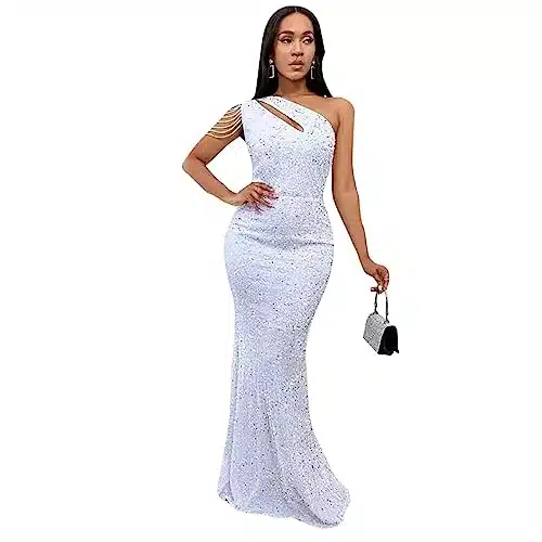 Cololura Women Sequin Elegant Sexy One Shoulder Tassel Mermaid Bodycon Cocktail Evening Dress White