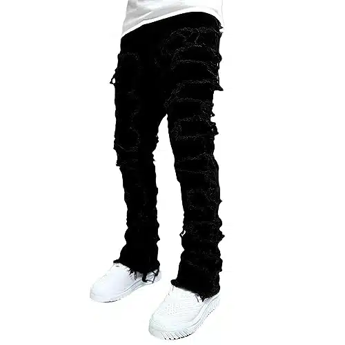 CosTribe Men's Stacked Jeans Slim Fit Ripped Jeans Destroyed Straight Denim Pants Harajuku Hip Hop Trouser Streetwear (US, Alpha, Large, Regular, Regular, Black)