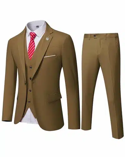 EastSide Men's Slim Fit Pieces , One Button Sets Vest Pants Coat Suit, Khaki, Medium