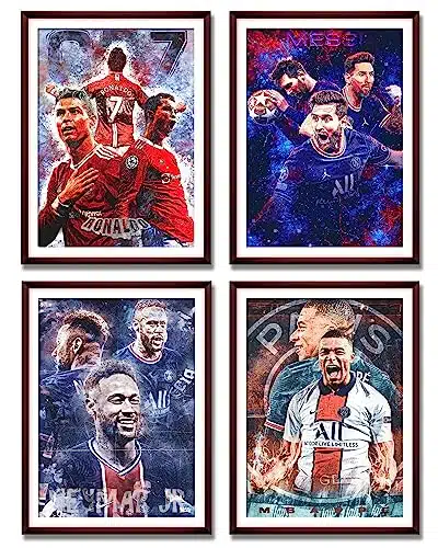 Famous Football Superstar Ronaldo, Messi, Neymar And Mbape Set of Poster Prints Wall Decor Bedroom for Living Room Sport Room Gift for Fan Football xinch UNFRAMED