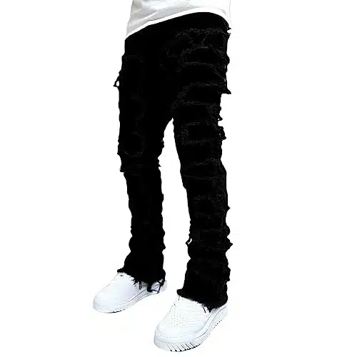 Giraropa Mens Black Stacked Jeans Slim Fit Skinny Ripped Jeans Destroyed Straight Denim Pants Harajuku Hip Hop Trousers Streetwear (Black, S)