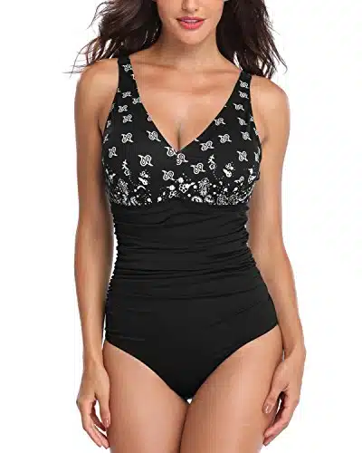 PERONA Women's Tummy Control Swimsuit One Piece Tankini Bathing Suit Vintage Printed Swimwear,Black,(Read the size chart in our image)