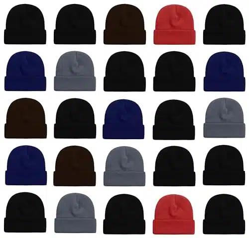 Pack Winter Beanie Hats, Unisex Thermal Toboggan Cold Weather Cuffed Caps Bulk Bundle