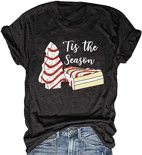 SUEOSU Women Tis The Season Christmas Tree Snack Cakes Christmas Hats Coffee Santa Family Matching Christmas Shirt Cute Xmas Tee Tops.Black L