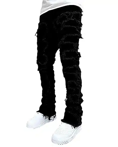 Stacked Jeans Men Skinny Ripped Jeans Slim Fit Patchwork Denim Pants YK Goth Harajuku Emo Hip Hop Jeans Trouser (L, Black)