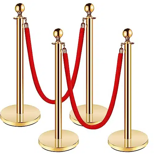 Stainless Steel Stanchion Post,FT Red Carpet Ropes and Poles,pcs Gold Stanchions with Red Rope,Hollow Base and Velvet Ropes Safety Barriers Set,Carpet Runner for Party(in)