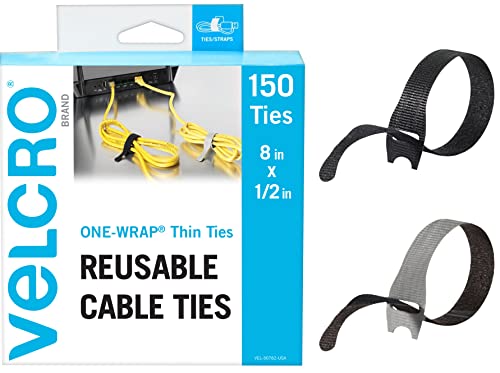 VELCRO Brand pk Cable Ties Value Pack  Replace Zip Ties with Reusable Straps, Reduce Waste  For Wire Management and Cord Organizer  x Thin Pre Cut Design, Black and Gray