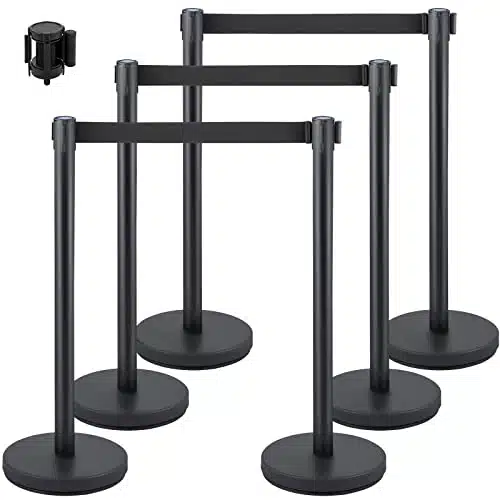 VEVOR Crowd Control Stanchion Set, Stanchion Set with ftm Black Retractable Belt, Black Crowd Control Barrier wConcrete and Metal Base   Easy Connect Assembly ()