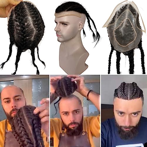 Voloria Long Braid Hair Men's Toupee Human Hair Replacement System for Men Braided Wigs xBase Size Natural Black Color