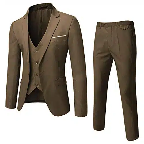 WULFUL Mens Suit Slim Fit One Button Piece Suit Blazer Dress Business Wedding Party Jacket Vest & Pants (Brown, Medium)