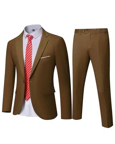 YND Men's Slim Fit Piece Suit, One Button Jacket Pants Set with Tie, Solid Party Wedding Dress Blazer, Tux Trousers, Khaki