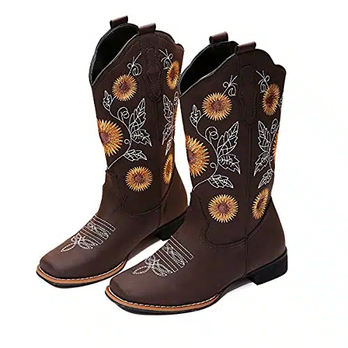 gloryinterest Cowboy Boots for Women Mid Calf Cowgirl Western Boots Sunflower Embroidery Stitched Square Toe Low Heel Black Brown Yellow , brown,