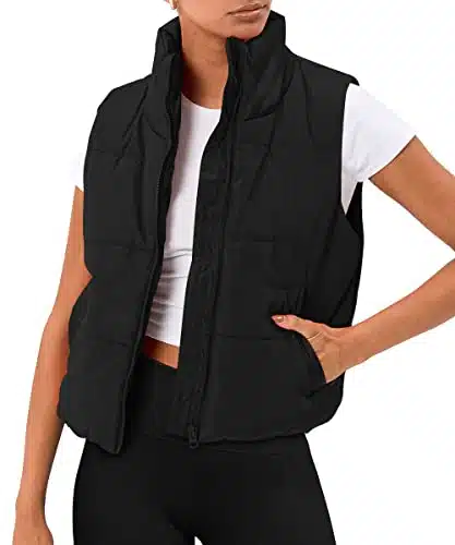 AUTOMET Puffer Vest Women Sleeveless Winter Cropped Outerwear Warm Puffer Lightweight Stand up Collar Down with Pockets