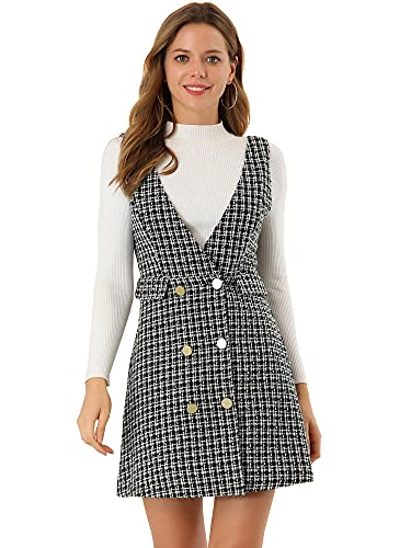 Allegra K Women's Elegant Vintage Button Front V Neck Plaid Tweed Overalls Pinafore Dress X Large Black