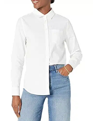 Amazon Essentials Women's Classic Fit Long Sleeve Button Down Poplin Shirt, White, Large