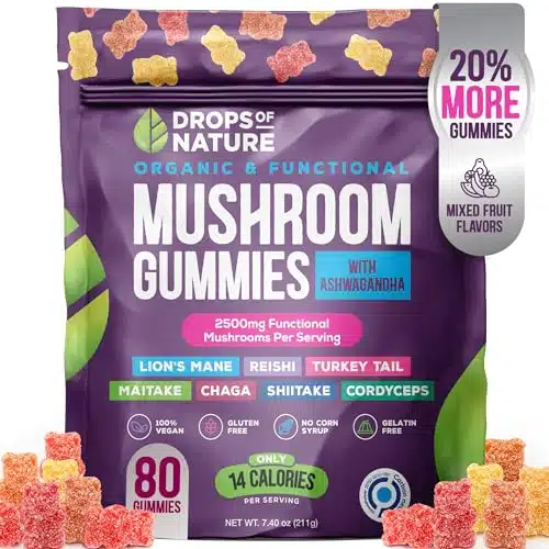 Ashwagandha & Lion's Mane Supplement Gummies   Comprehensive Mushroom Supplement for Cognitive & Immune Support, Vegan Blend with Reishi, Cordyceps   Low Carb, Organic Mushroom Gummies