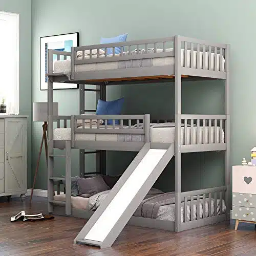 BIADNBZ Twin Over Twin&Twin Triple Bunk Bed with Slide and Built in Ladders, Convertible into Platform Bedframe for Kids Teens Adults Bedroom, Gray