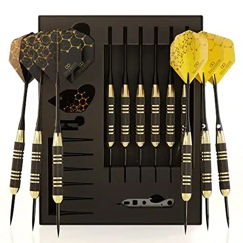 CC EXQUISITE Premium Steel Tip Darts Set   Professional Darts, Brass Barrels, Metal Tip Darts, Extra Flights, () Aluminum Shafts , O Rings, Dart Tool, Dart Sharpener, Darts Ca