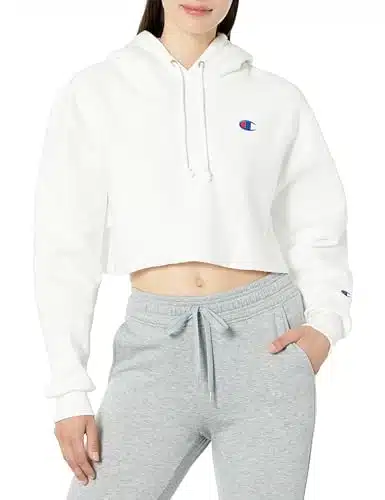 Champion womens Reverse Weave Cropped Cut off Hoodie, Left Chest C Hooded Sweatshirt, White , Small US