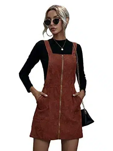 Floerns Women's Button Down Pinafore Corduroy Overall Dress with Pockets Rust Brown M