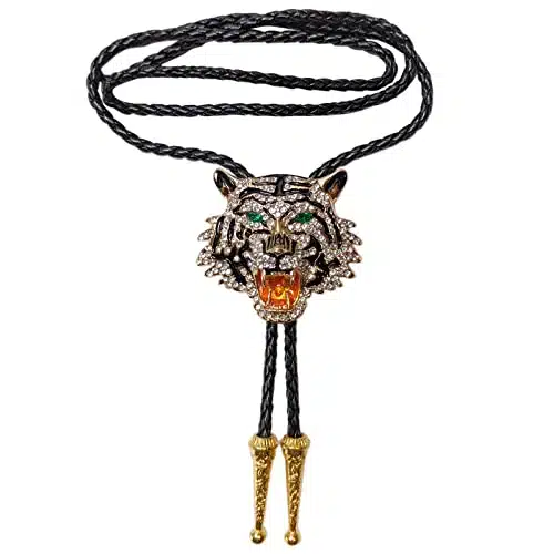 Himongoo Rhinestone Golden Tiger Bola Tie Bolo Tie Wedding Necklace for Men Women Groomsmen Western Cowboy Necktie