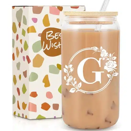 Ini tial Glass Cup, Gifts for Women, Personalized Birthday Gifts for Women, oz Glass Tumbler Cups with Lids and Straws, Monogrammed Gifts, Iced Coffee Cup   Personalized Valen