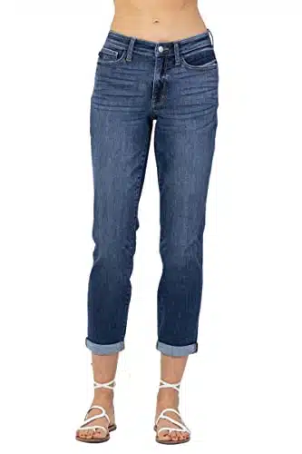 Judy Blue Women's Mid Rise Rolled Cuffed Boyfriend Jeans (Dark Blue, )