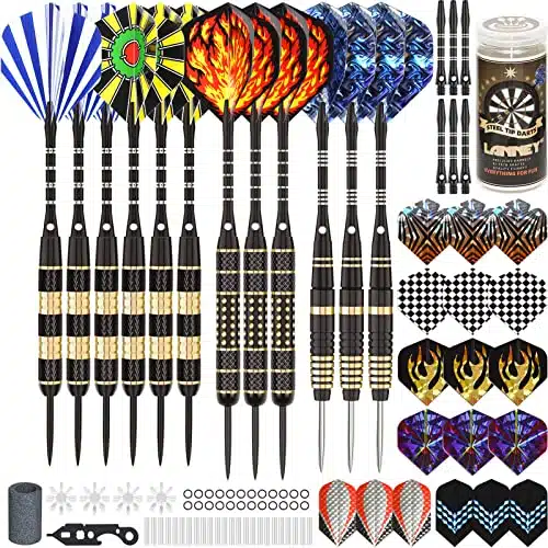 LANNEY Darts Metal Tip, Steel Tip Darts Set Grams, Grams and Grams Professional Darts for Dartboard with Aluminum Shafts, Brass Barrels, Extra Flights, Sharpener Tool Kit, Car