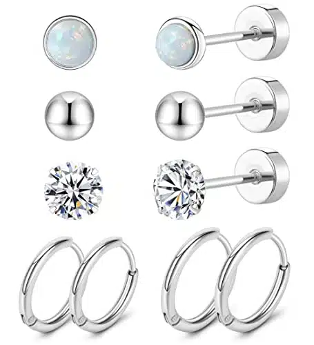 MJust Titanium Earrings for Sensitive Ears G Titanium Stud Earrings and Hoop earrings Ball Opal Cubic Zirconia GPure Titanium Cartilage Earrings Hypoallergenic Flat Back Earrings(Silver)