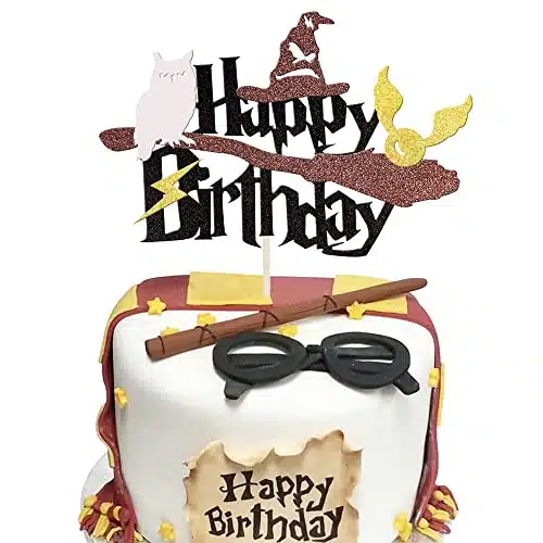 PCS Wizard Happy Birthday Cake Topper Black Glitter Magical School Wizard Cake Pick for Magic Wizard Theme Baby Shower Kids Birthday Party Cake Decorations Supplies