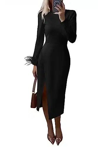 PRETTYGARDEN Women's Fall Long Sleeve Dress Formal Midi Bodycon Wrap Slit Feather Elegant Wedding Guest Cocktail Dresses (Black,Large)