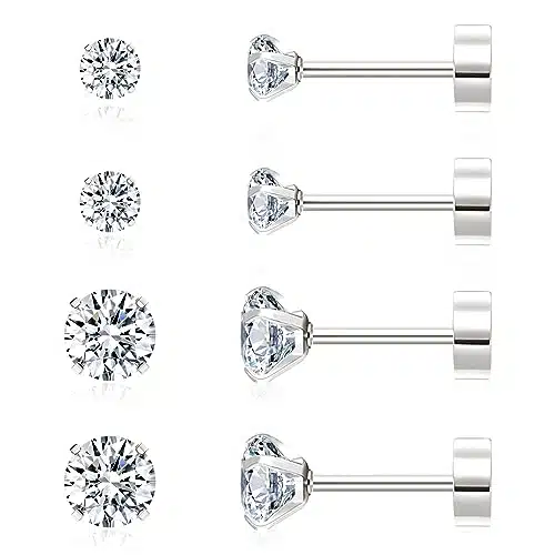 Pairs Flat Back Earrings for Women  Cartilage Earring  Stainless Steel Earrings  Titanium Earrings  Nickel Free Hypoallergenic Earrings  Cubic Zirconia Earrings Studs(mm+mm, Silver)