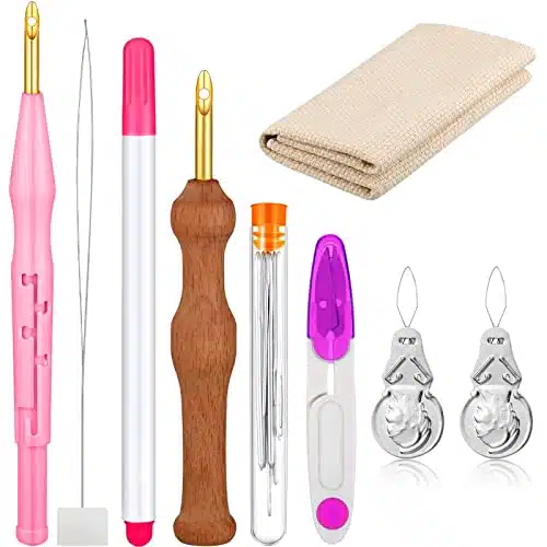 Piece Punch Needle Embroidery Kits Adjustable Rug Yarn Punch Needle Wooden Handle Embroidery Pen Needle Threader Punch Needle Cloth for Embroidery Floss Cross Stitching Beginn