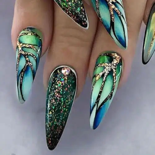 Press on Nails Long Stiletto False Nails Green Ombre Fake Nails Glitter Glue on Nails with Leaf and Rhinestones Designs Gradient Full Cover Nails Almond Press Ons Gift for Wom