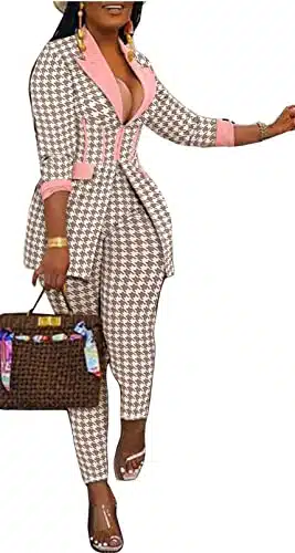 Recious Womesn Sexy Pieces Houndstooth Printed Blazer Jackets Bodycon Pants Party Clubwear Tracksuit Outfits Suit Set(pink,XL)