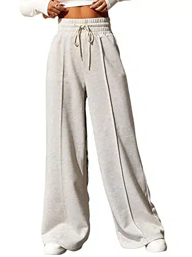 SOLY HUX Women's Drawstring High Waisted Wide Leg Long Pants Casual Sweatpants Light Grey L