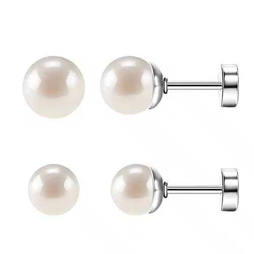 SmileBelle Titanium Flat Back Pearl Stud Earrings for Women, Hypoallergenic Screw Back Earrings for Girls, Cartilage Earring Stud Set of , Silver Nap Earrings Sleep Earrings Helix Piercing Jewelry