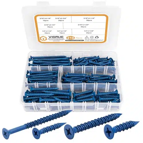 VIGRUE Concrete Screws Assortment Kit PCS Flat Head Cement Screws for Anchoring to Masonry, Block or Brick, Diamond Point, Length to