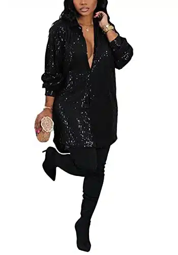 Vaceky Sparkly Dresses for Women Plus Size Lapel Button Up V Neck Shirt Dress Sequin Glitter Long Sleeve Mini Dress