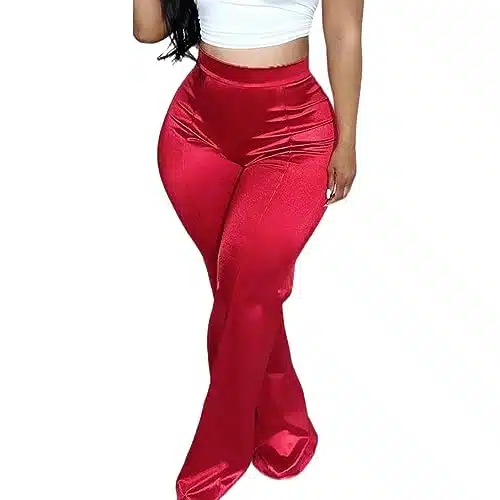 XZLUFNY Silk Satin Pants Basics Sporty Elastic Empire Waistline Flattering Wide Leg Athletic Long Trousers Sweatpants Red XL