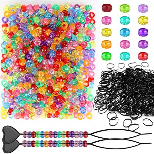 pcs Beads for Hair Braids Kit Including pcs xmm Glitter Pony Beads, pcs Elastic Rubber Bands, and pcs Quick Beaders for Kids Hair Braids (Glitter)